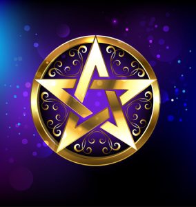 58393297 - magic pentagram glowing in gold on the space background. magic design. gold pentagram. gothick style. mysticism and the occult. wiccan star